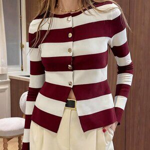 Burgundy Women's Casual French Style Fitted Cardigan